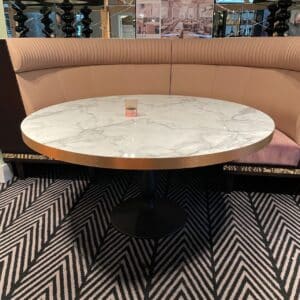 1500 DIAMETER DININGV TABLE WHITE MARBLE LAMIANE WITH 50 MM BRASSEDGE DETAIL LIBERTY DINING BASE